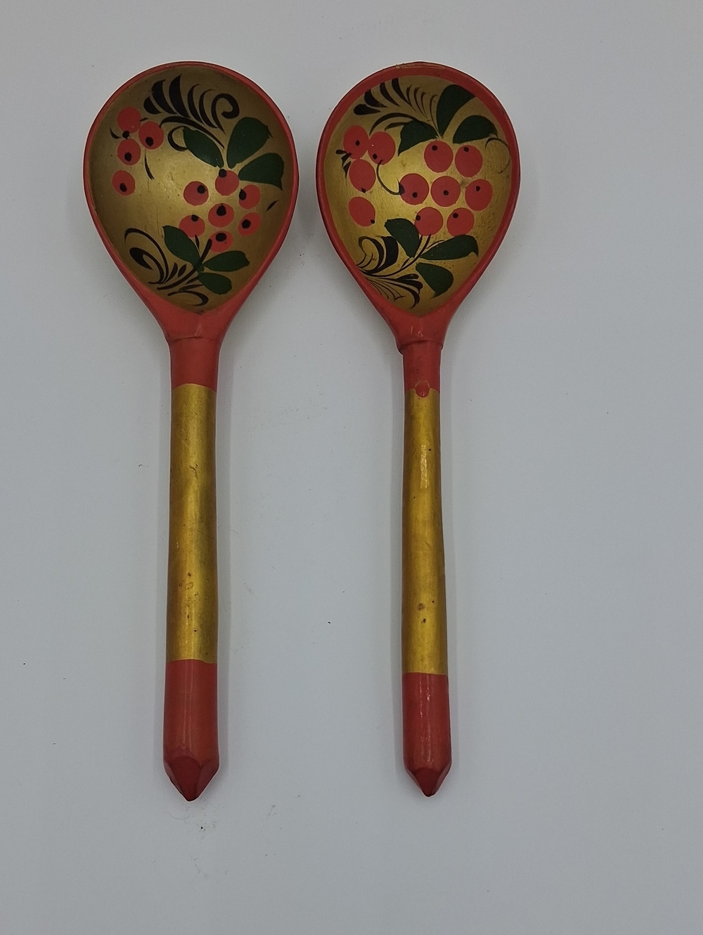 Vintage Hand-Painted Red and Gold Decorative Wooden Spoons - Russian